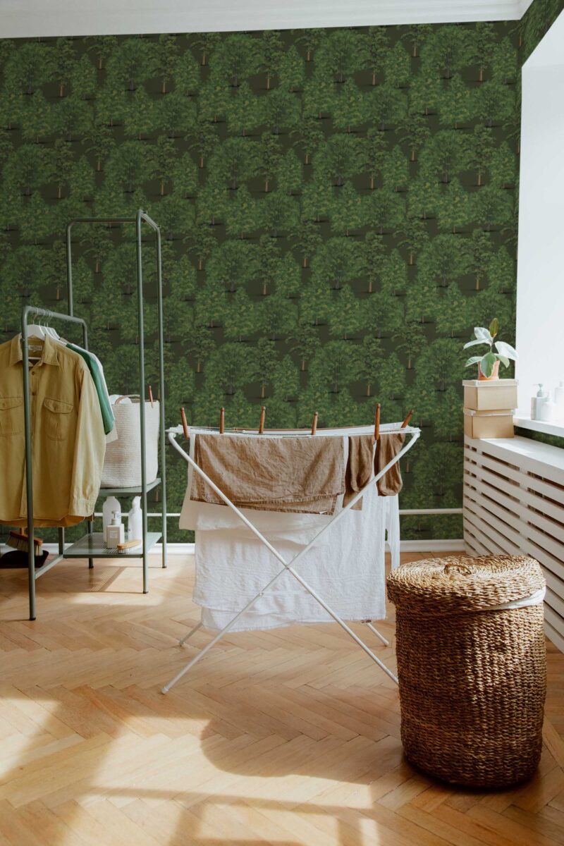 Fancy Walls traditional wallpaper featuring earthy green forest pattern