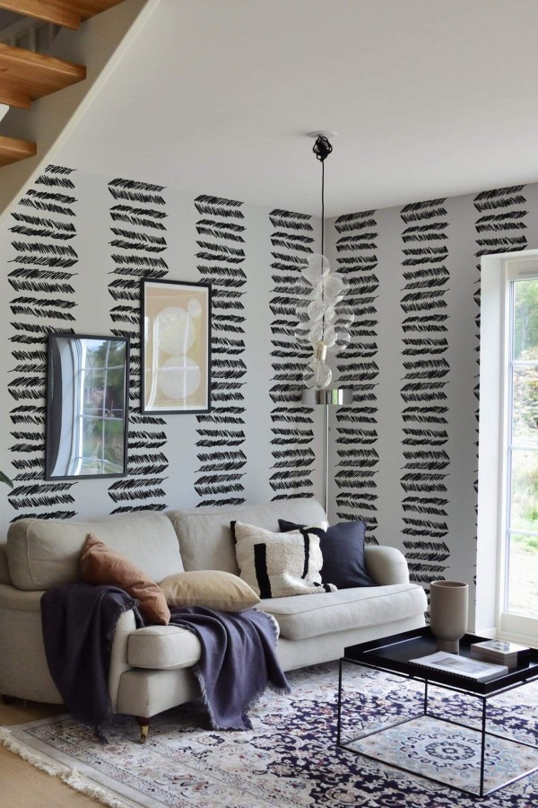 Contemporary style living room and kitchendecorated with Hand drawn herringbone peel and stick wallpaper