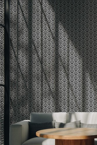 Scandinavian style living room decorated with Hand drawn pattern peel and stick wallpaper