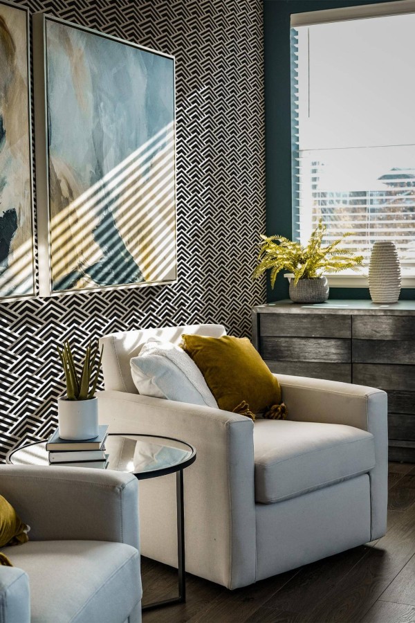 Shabby chic style living room decorated with Hand drawn pattern peel and stick wallpaper