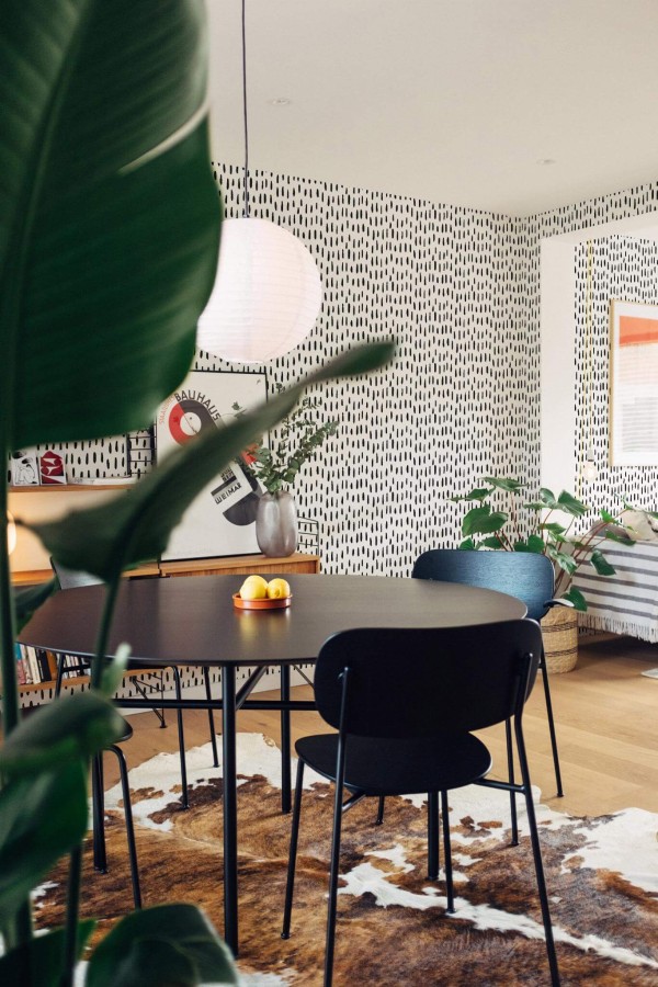 Scandinavian style dining room decorated with Hand drawn spots peel and stick wallpaper