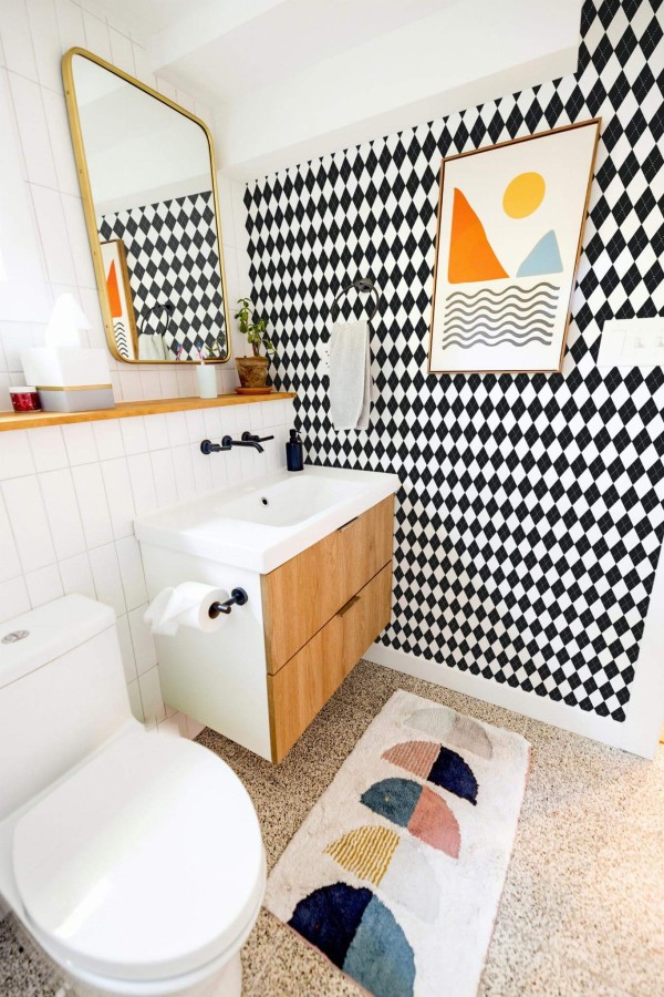 Modern boho style coffee bar decorated with Harlequin peel and stick wallpaper