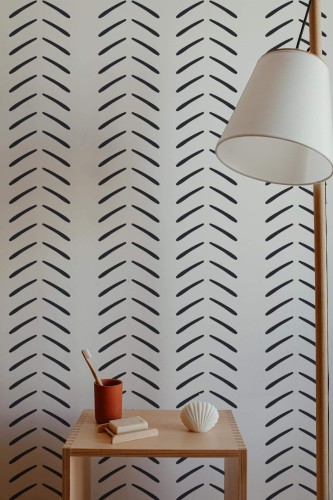 Minimal style bathroom decorated with Herringbone pattern peel and stick wallpaper