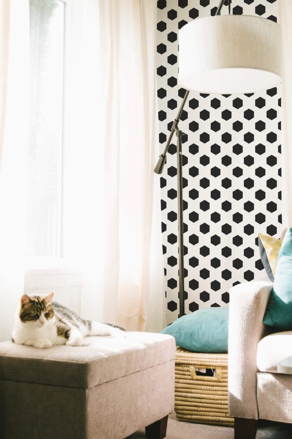 Coastal style living room decorated with Hexagon polka dot peel and stick wallpaper