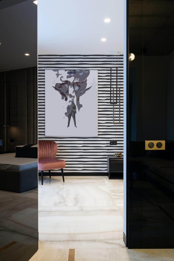 Art deco style bedroom decorated with Horizontal abstract stripe peel and stick wallpaper