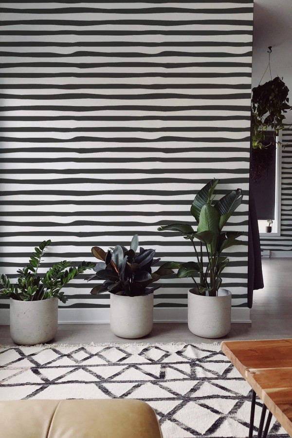 Scandinavian style living room decorated with Horizontal abstract stripe peel and stick wallpaper