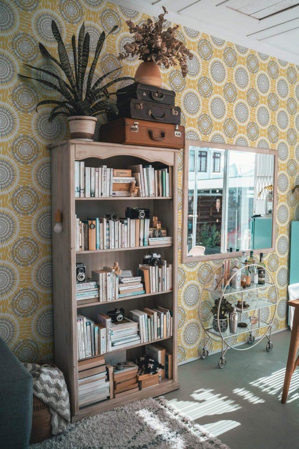 Farmhouse style living room decorated with Ikat circles peel and stick wallpaper