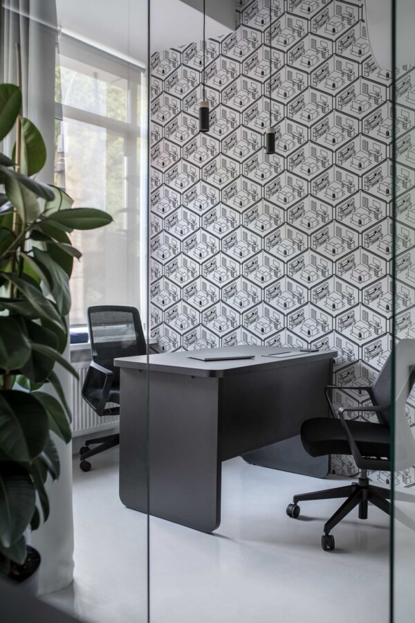 Peel and stick wallpaper showing isometric line art interior by Fancy Walls