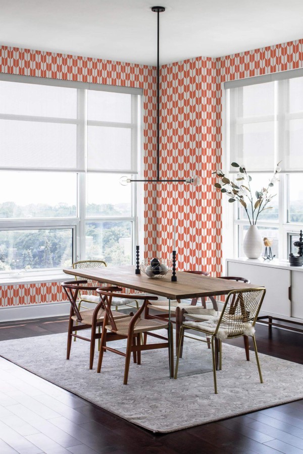 Modern minimalist style dining room decorated with Japanese peel and stick wallpaper