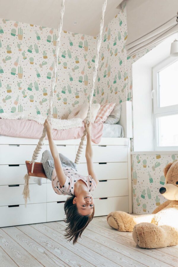 Fancy Walls traditional wallpaper with kawaii succulent design in mint and beige