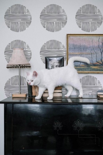 Industrial style music room decorated with Large abstract circle peel and stick wallpaper