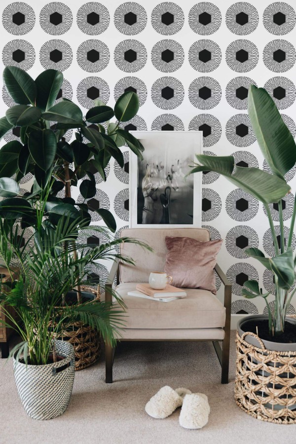 Modern boho style living room decorated with Large geometric circle peel and stick wallpaper