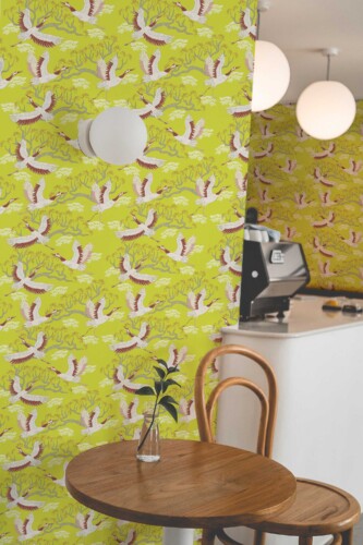 Stork peel and stick wallpaper with chartreuse background by Fancy Walls
