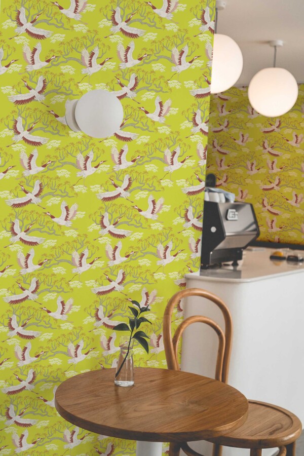 Stork peel and stick wallpaper with chartreuse background by Fancy Walls