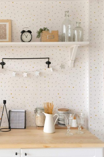 Light farmhouse style kitchen decorated with Lines and dots peel and stick wallpaper