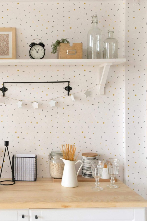 Light farmhouse style kitchen decorated with Lines and dots peel and stick wallpaper