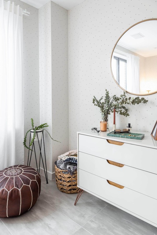 Scandinavian style bedroom decorated with Little stars peel and stick wallpaper and Mediterranean accents