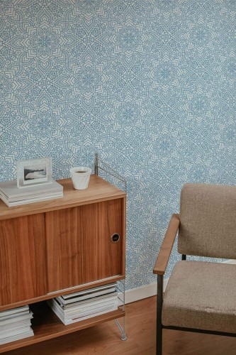 Mid-century style living room decorated with Mandala flower peel and stick wallpaper