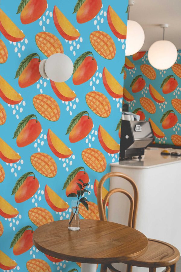 Fancy Walls self-adhesive wallpaper with watercolor mangos on blue