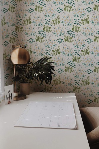 Rustic style home office decorated with Meadow peel and stick wallpaper