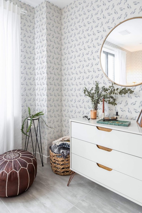 Scandinavian style bedroom decorated with Mermaid peel and stick wallpaper and Mediterranean accents