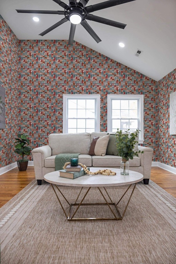 Scandinavian style living room decorated with Midcentury Mosaic peel and stick wallpaper