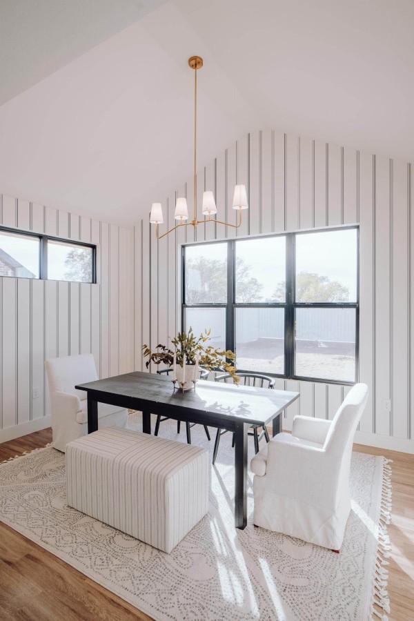 Elegant minimal style dining room decorated with Minimal stripes peel and stick wallpaper