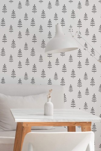 Minimal style dining room decorated with Minimalist Fir tree peel and stick wallpaper