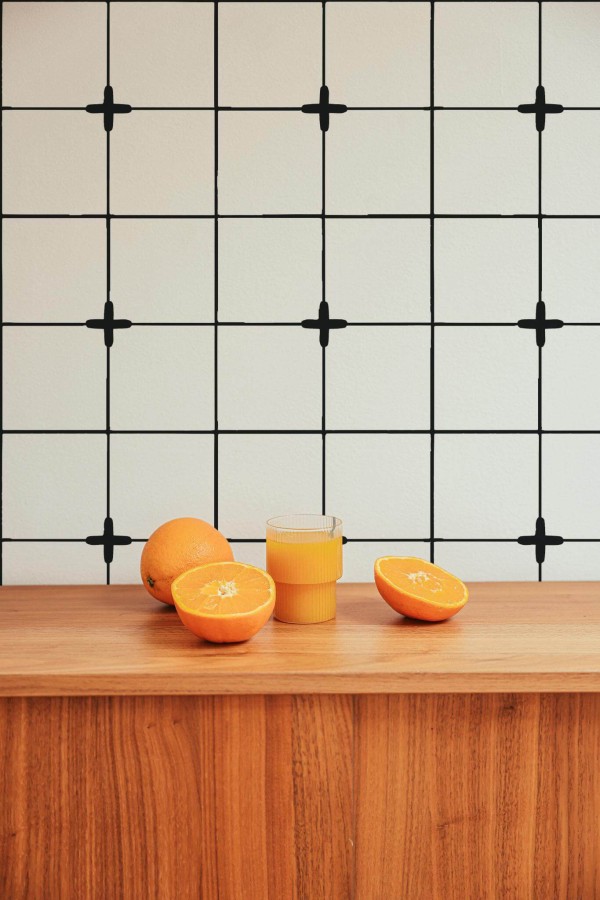 Mid-century style living room decorated with Minimalist tile peel and stick wallpaper