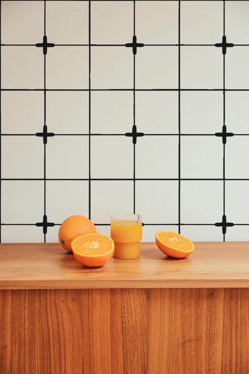 Mid-century style living room decorated with Minimalist tile peel and stick wallpaper