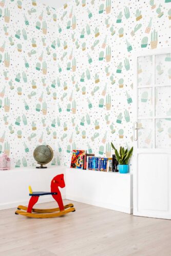 Fancy Walls self-adhesive wallpaper featuring mint succulents and playful dots. Cactus Pop peel and stick or non-pasted pastel aesthetic wallpaper for walls