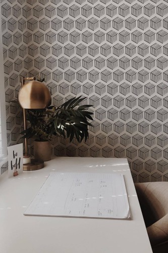 Rustic style home office decorated with Modern cube peel and stick wallpaper