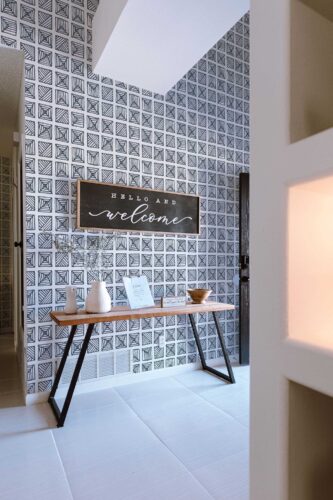 Fancy Walls peel and stick wallpaper in black and white geometric grid
