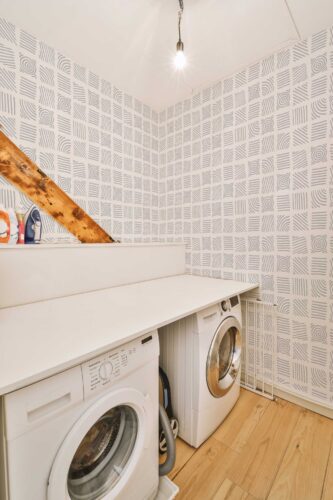 Fancy Walls peel and stick wallpaper with gray mosaic shapes