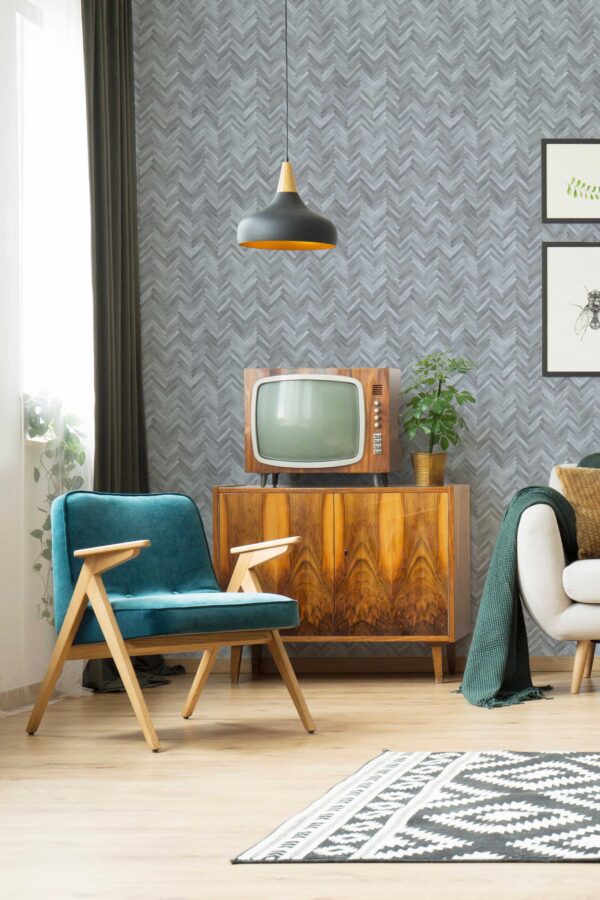 Fancy Walls removable wallpaper with modern gray herringbone design