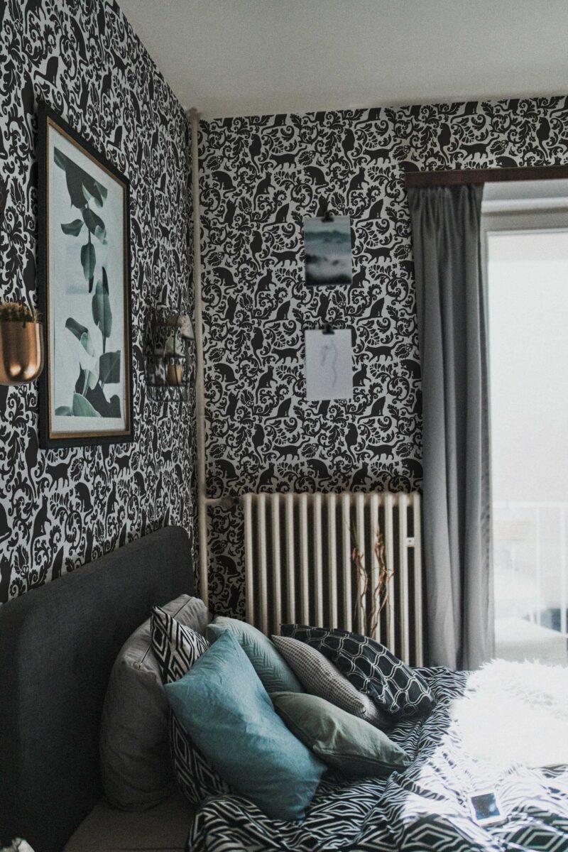 Fancy Walls peel and stick wallpaper with monochrome damask cats
