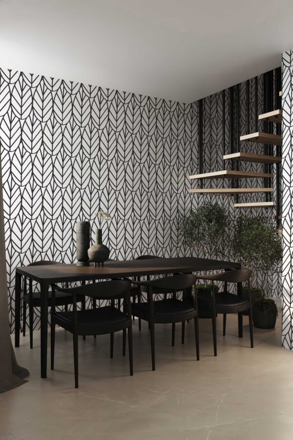 Bold black and white peel and stick wallpaper by Fancy Walls with art deco leaf pattern