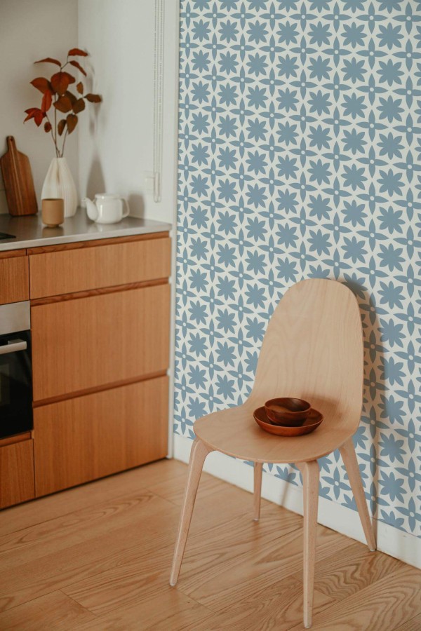 Boho style kitchen decorated with Morocco peel and stick wallpaper