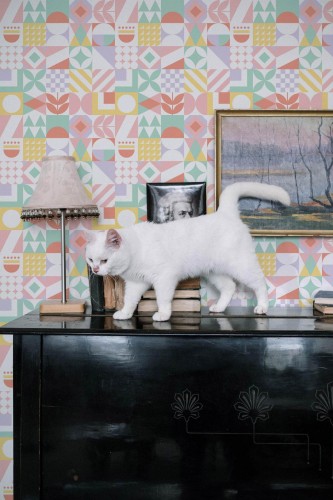 Industrial style music room decorated with Multicolor geometric collage peel and stick wallpaper