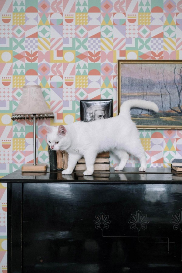 Industrial style music room decorated with Multicolor geometric collage peel and stick wallpaper