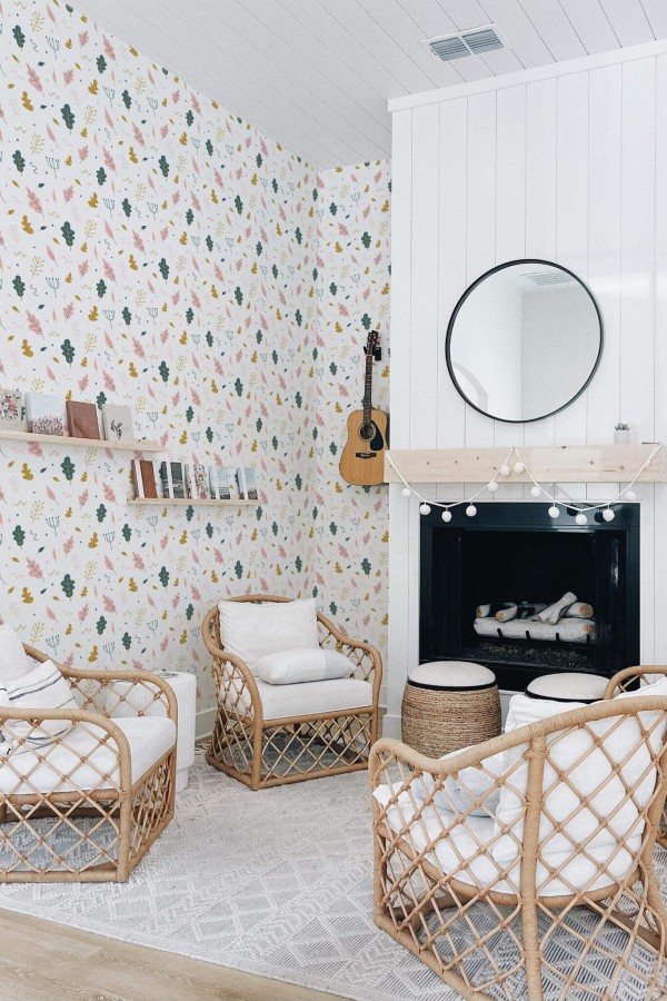 Minimal bohemian style living room decorated with Multicolor leaf peel and stick wallpaper
