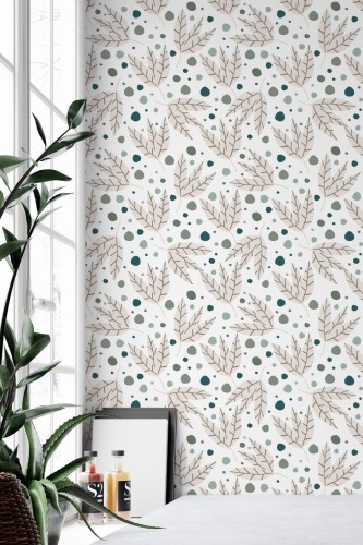 Minimal style home office decorated with Neutral leaf peel and stick wallpaper