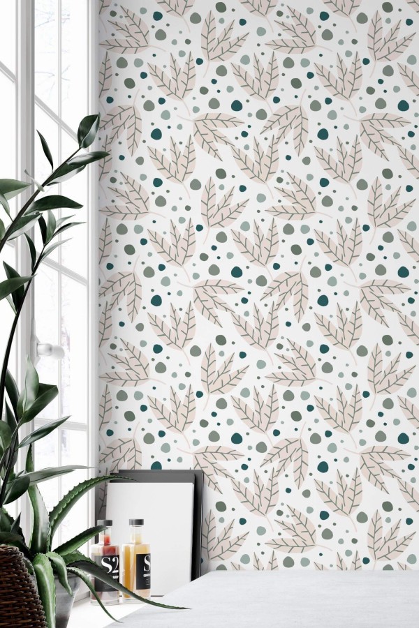 Minimal style home office decorated with Neutral leaf peel and stick wallpaper