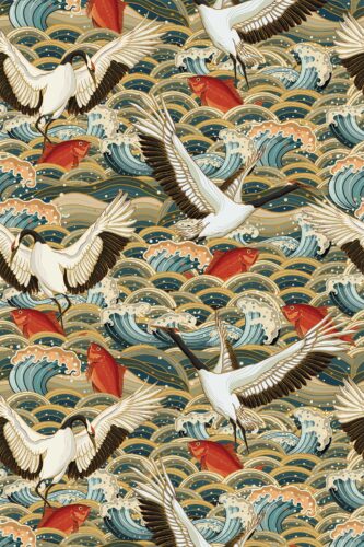 Traditional chinoiserie wallpaper with storks and waves by Fancy Walls