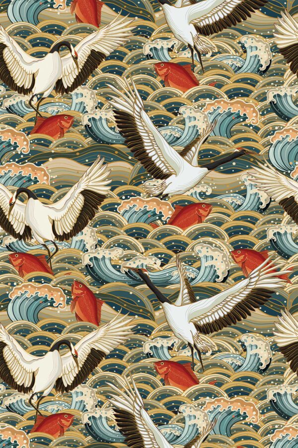 Traditional chinoiserie wallpaper with storks and waves by Fancy Walls