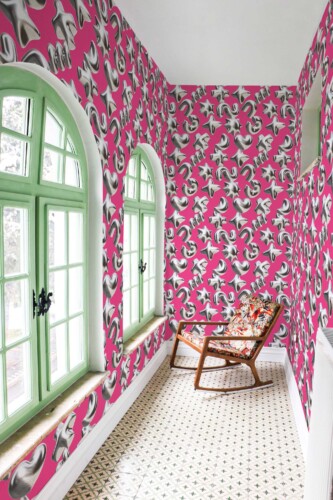 Bold Shapes peel and stick or non-pasted wallpaper for walls. Fancy Walls removable self-adhesive or traditional pink and silver 3d shapes eco-friendly and PVC-free wallpapers