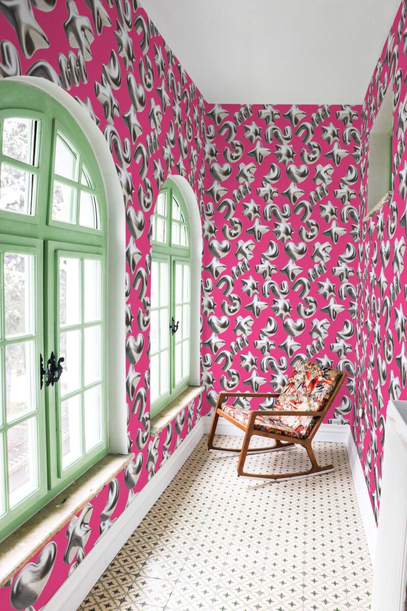 Bold Shapes peel and stick or non-pasted wallpaper for walls. Fancy Walls removable self-adhesive or traditional pink and silver 3d shapes eco-friendly and PVC-free wallpapers