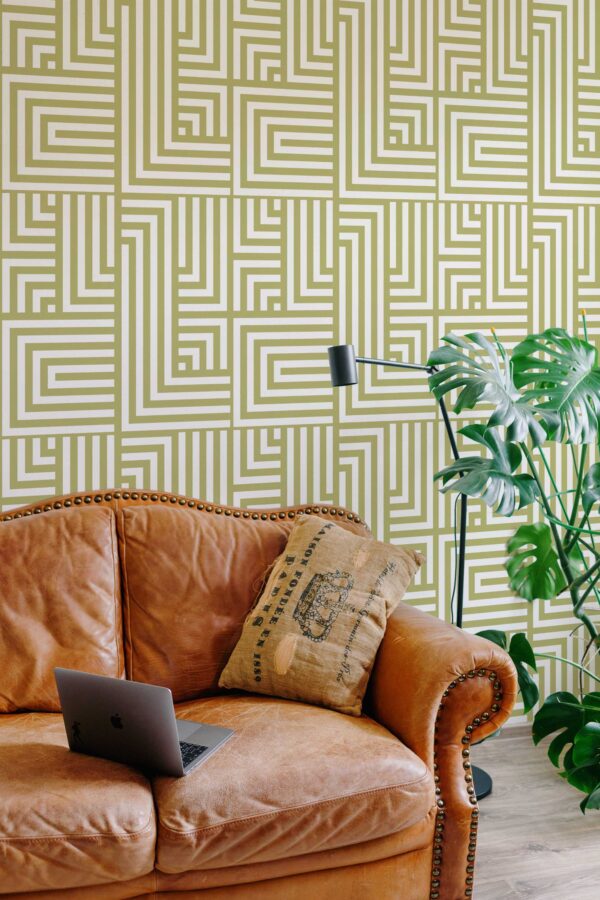 Fancy Walls traditional wallpaper in luxurious olive green maze design