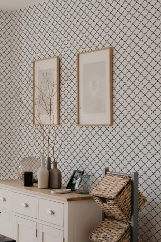 Scandinavian style bedroom decorated with Oriental north africa peel and stick wallpaper