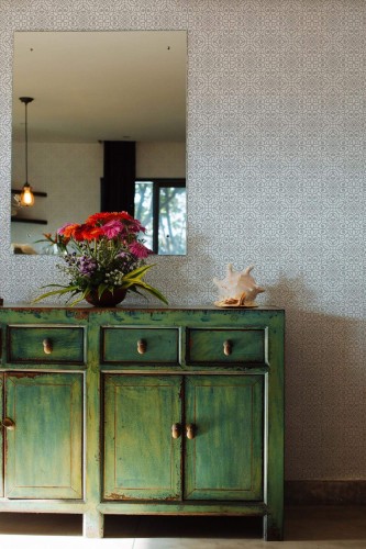 Industrial style living room decorated with Oriental peel and stick wallpaper